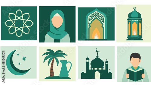 Collage of Islamic architecture, lanterns, crescent moons, palm trees, and a reader with a hijab among decorative tiles.