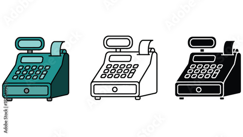 Three different colored cash registers on a white background