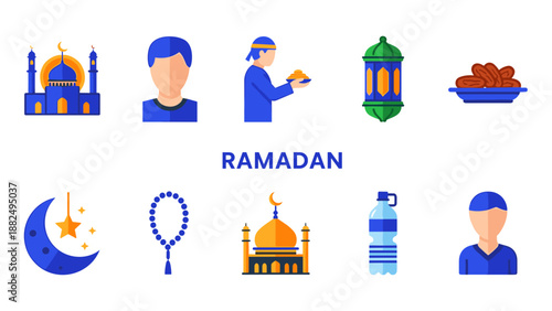 Ramadan themed icons set featuring mosque, lanterns, crescent moon, and people in colorful celebrations.