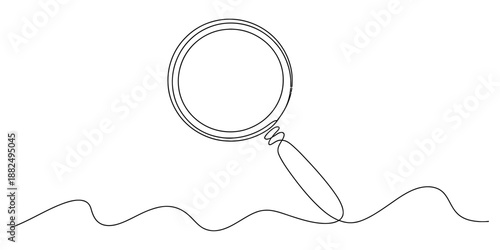 Minimalist one line art illustration of a magnifying glass on a continuous wavy line Vector, illustration