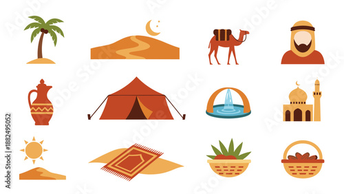 Desert Camping and Travel Icons Featuring Camels, Tents, and Sunlit Campsites.