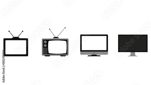 A row of different television sets and computer monitors on a white background