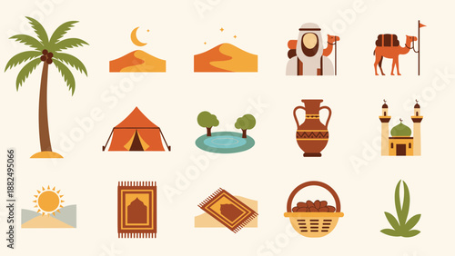 Colorful collection of travel and camping icons featuring tents, palm trees, and landscapes.