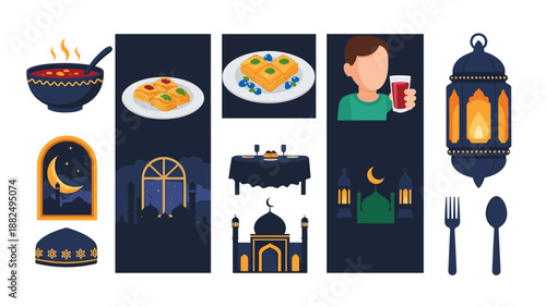 Iconic Travel and Cultural Food Lanterns Icon Set Illustration.