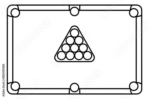 Line art illustration of a pool table depicting racked billiard balls for a game