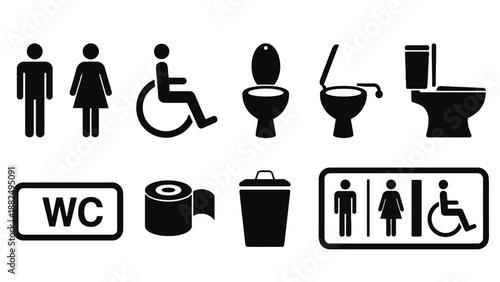 A collection of black and white restroom and toilet symbols and signs