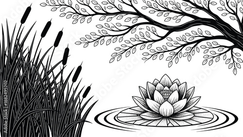 Black silhouette of a lotus water lily on a pond with ripples, surrounded by reeds and leafy tree branches, zen.