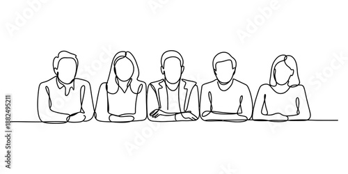 Continuous line drawing of a group of five people sitting together at a table Vector, illustration