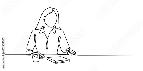 Continuous line art drawing of a young woman sitting at a desk with a book and coffee cup Vector, illustration