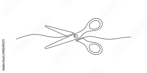 Minimalist continuous line drawing of a pair of scissors cutting a wavy line on a white background Vector, illustration