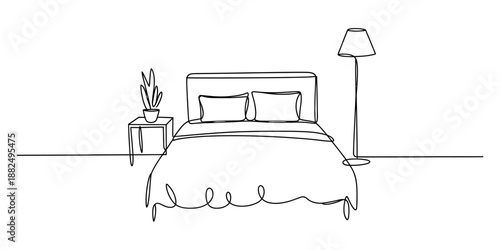 Minimalist continuous line art drawing illustrating a cozy bedroom interior with furniture Vector, illustration
