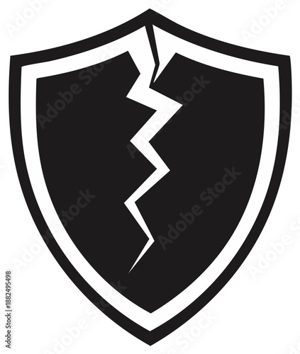 Stylized black shield icon with a prominent white jagged crack splitting it vertically