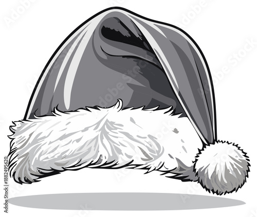 Gray Santa Hat Isolated on White, Holiday Headwear with Furry Brim and Pom Pom, Vector Illustration for Festive Designs