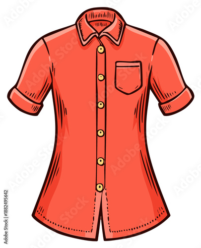 Bright red short sleeve button down shirt with a pocket in a simple cartoon illustration style