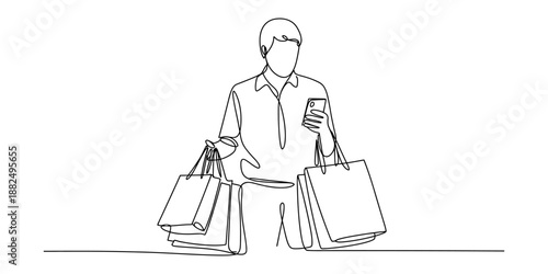A continuous single-line drawing of a shopper holding bags and looking at a smartphone Vector, illustration