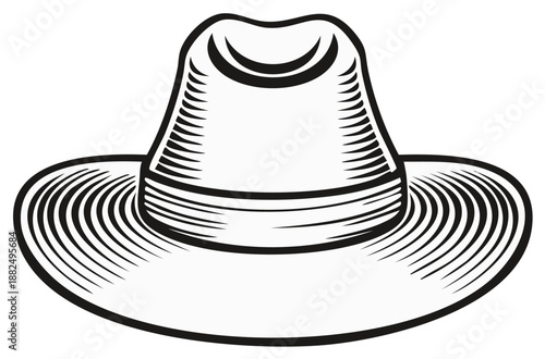 Classic stylized black and white illustration of a fedora hat with wide brim and decorative lines