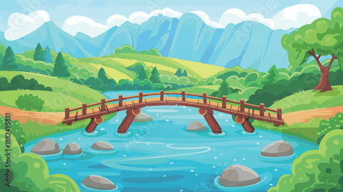 Cartoon river landscape with wooden bridge illustration