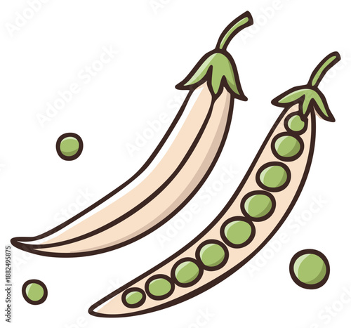 Illustration of two pea pods with green peas and detached peas scattered around