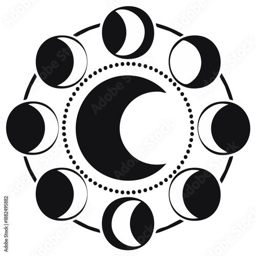 Black and white illustration of the phases of the moon in a circle