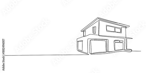 A minimalist continuous line art drawing of a modern two-story house structure Vector, illustration