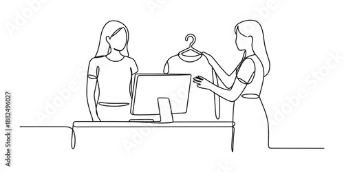 Continuous line drawing of a customer service interaction in a clothing store Vector, illustration