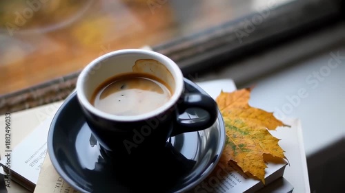 Wallpaper Mural Cozy Coffee Mug with Autumn Leaf and Books Beside Window on a Rainy Day. Seamless looping 4k video background  Torontodigital.ca