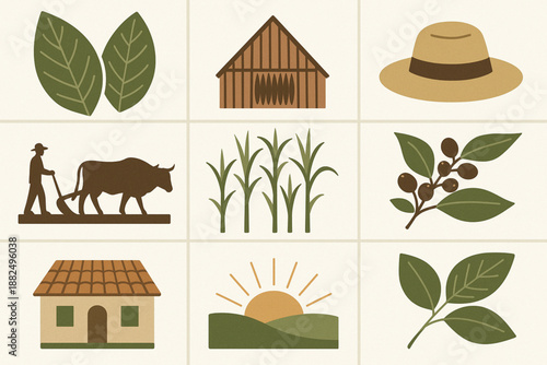 Cuban Rural and Agricultural Life Flat Vector Icon Set