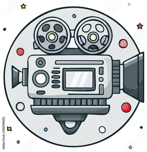 Old-fashioned Movie Camera Cartoon Illustration on Circle Background with Stars