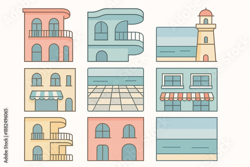 Cuban Seaside Architecture Flat Vector Icon Set