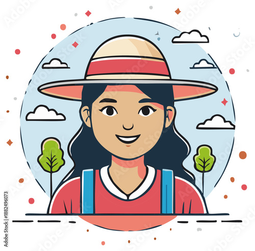 Smiling woman in a wide brim hat with trees and clouds digital cartoon illustration