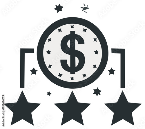 Vector icon of a dollar coin with stars representing a bonus prize and a high quality rating