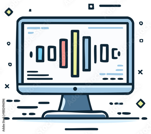 Stylized PC Monitor Displaying Data Visualization with colorful bar chart on a light blue background.