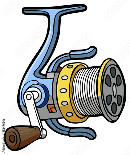 Isolated cartoon illustration of a blue and yellow spinning fishing reel