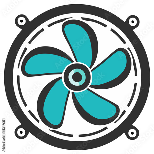 Close up abstract illustration of a computer fan with teal blades and black housing