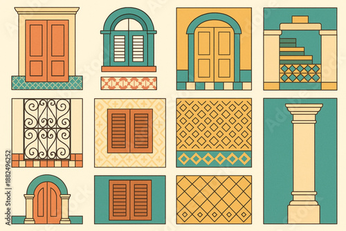 Cuban Architectural Details Flat Vector Icon Set