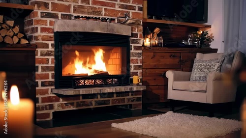Wallpaper Mural Cozy Interior Living Room with Brick Fireplace and Warm Flames Illuminating the Space. Seamless looping 4k video background  Torontodigital.ca