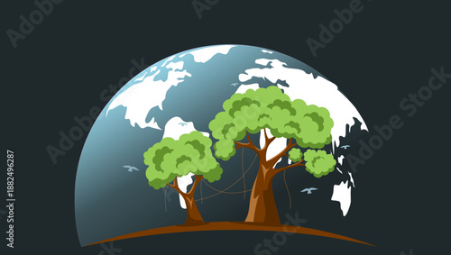 A stylized globe featuring lush green trees on a curved landmass, symbolizing environmental sustainability, nature protection, and the harmony between Earth and life.
