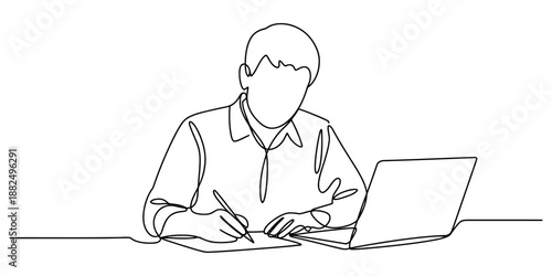 A person in continuous line art working at a desk with a laptop and taking notes Vector, illustration