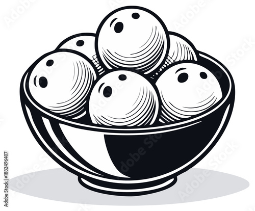 Monochrome Bowling Balls Stacked in a Bowl Vintage Illustration