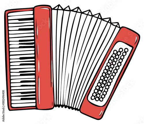 Vibrant red accordion musical instrument with bellows in a simple hand drawn cartoon style