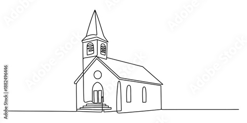 Continuous line drawing of a small church building with a steeple and bell tower Vector, illustration