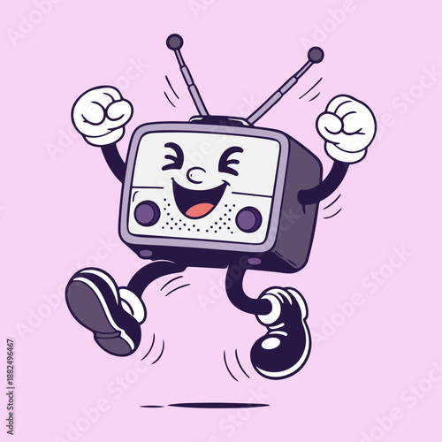 Retro Cartoon Radio Character Jumping Joyfully with Antennas Raised on Pink Background