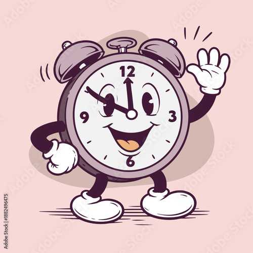 Retro Alarm Clock Character Waving Hello with Happy Face and Cartoon Style