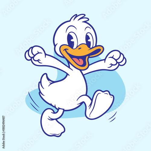 Cartoon Duck Character Dancing Joyfully on Light Blue Background