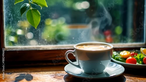 Wallpaper Mural Freshly Brewed Coffee Cup with Steam by a Sunny Window Alongside a Healthy Breakfast Plate. Seamless looping 4k video background  Torontodigital.ca