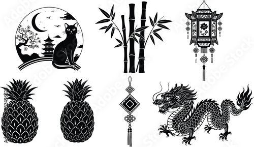 Black silhouette set featuring traditional Chinese dragon, oriental pagoda with cat, bamboo stalks, decorative lanterns, pineapples, and lucky knots for holiday,