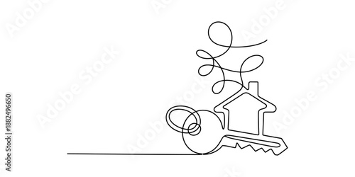 Minimalist house and key illustration in single continuous line art style Vector, illustration