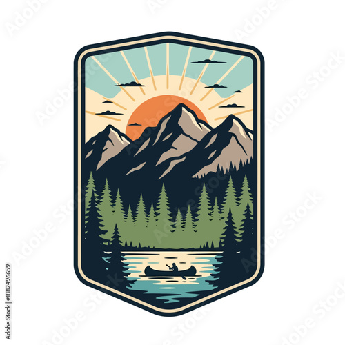 Adventure-inspired outdoor mountain scene with rising sun and forested lake view