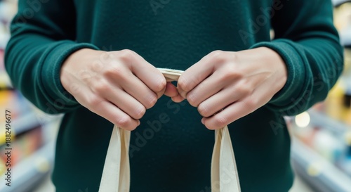 Person firmly grips reusable shopping bag handles inside a retail store environment