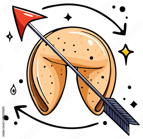 Fortune cookie with arrow, concept of destiny, divination and fate illustrated